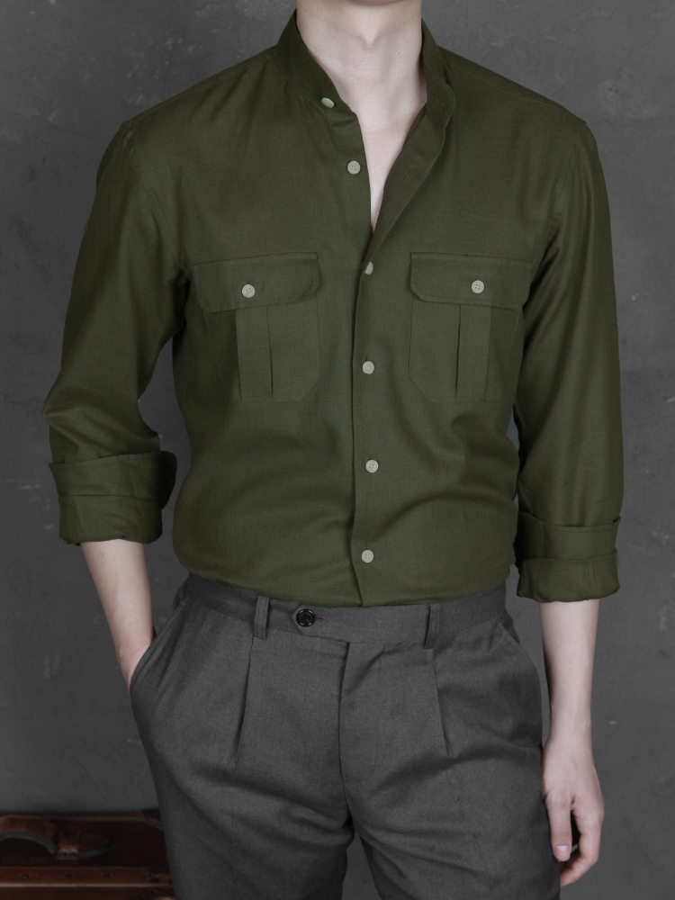 [Bellvoro] Linen/Cotton Safari Shirts - Olive Green