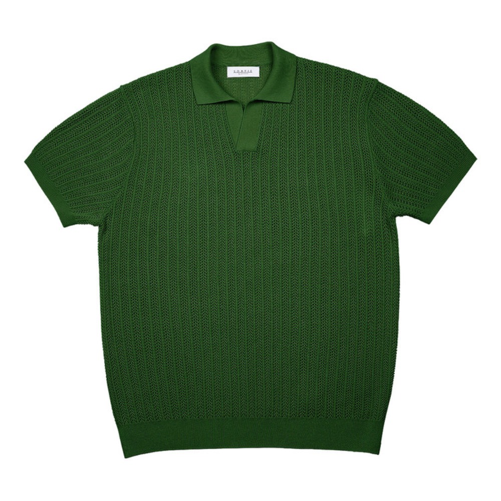 [솔티] Mesh Mixed Cable Open Collar Knit (Green) -6/7배송예정