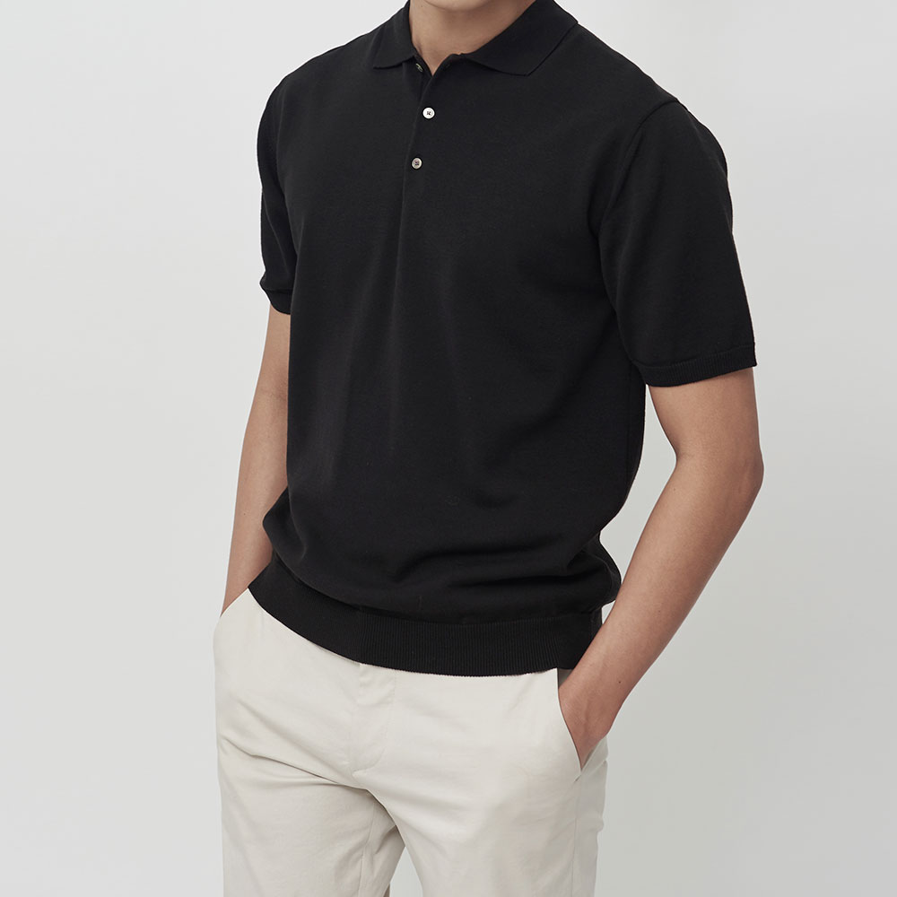 [매너앤대퍼] Cotton-Blend Polo Shirt  Black